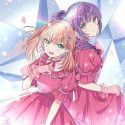 Rule 34 | 2girls, :d, album cover, aqua eyes, arm at side, back-to-back, cerise bouquet, clothes lift, cover, crossed bangs, crystal, dress, dress lift, earrings, english text, flower earrings, flower hairband, frilled dress, frills, game cg, gloves, green eyes, hair ornament, hairband, hand on own chest, hechima (issindotai), hinoshita kaho, jewelry, light smile, link! like! love live!, long hair, looking at viewer, looking back, love live!, medium hair, multiple girls, non-web source, official alternate costume, official art, open mouth, orange hair, otomune kozue, pink dress, ponytail, puffy short sleeves, puffy sleeves, purple hair, rainbow, reflection in the mirror (love live!), short sleeves, side ahoge, sidelocks, smile, swept bangs, teeth, textless version, upper body, upper teeth only, virtual youtuber
