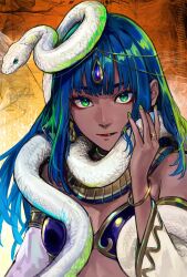 Rule 34 | 1girl, ancient egyptian clothes, armor, bikini armor, blue hair, bracelet, dark-skinned female, dark skin, detached sleeves, earrings, gem hair ornament, gold trim, green eyes, green nails, highres, jewelry, long hair, makeup, mascara, original, red lips, ring, single earring, snake, suru (seiya), upper body, usekh collar, white snake