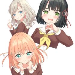 3girls aqua_neckerchief black_hair blunt_bangs blunt_ends blush bob_cut brown_dress ceras_yanagida_lilienfeld clenched_hands closed_mouth collarbone commentary_request d: dress expressive_hair flower flower_knot green_eyes grey_hair hair_flower hair_ornament hanazora_satsuki hinoshita_kaho link!_like!_love_live! long_sleeves love_live! medium_hair momose_ginko multiple_girls neckerchief open_mouth orange_hair pink_flower rabbit_hair_ornament raised_inner_eyebrows red_neckerchief sailor_collar sailor_dress short_hair simple_background smile split_mouth thumbs_up two_side_up v-shaped_eyebrows virtual_youtuber wavy_hair white_background white_sailor_collar winter_uniform yellow_neckerchief