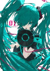 Rule 34 | 1girl, ahoge, aqua armband, aqua dress, aqua eyes, aqua hair, armband, black shirt, character name, collared shirt, dress, english text, engrish text, hair over one eye, hatsune miku, highres, holding, holding megaphone, kaiaik (zheliakaina), koi wa sensou (vocaloid), long hair, looking at viewer, megaphone, open mouth, ranguage, shirt, short sleeves, solo, twintails, very long hair, vocaloid