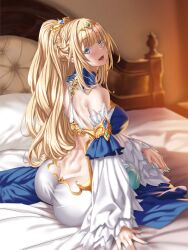 Rule 34 | 1girl, :d, absurdres, aqua nails, ass, back, back cutout, blonde hair, blue eyes, breasts, clothing cutout, detached sleeves, dress, gem, gold trim, half updo, high ponytail, highres, kannatsuki noboru, large breasts, layered sleeves, long hair, looking back, magical explorer, novel illustration, official art, on bed, open mouth, pillow, ponytail, red lips, second-party source, sitting, smile, sofia (magical explorer), solo, tiara, wide hips