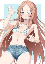 Rule 34 | 1girl, absurdres, adversarial noise, aqua eyes, bare arms, bare legs, bare shoulders, bikini, bikini top only, blue background, blue bikini, blue shorts, blush, border, braid, breasts, clenched teeth, collarbone, commentary, cowboy shot, crown braid, curled fingers, cutoffs, denim, denim shorts, fingernails, flying sweatdrops, forehead, furrowed brow, hair intakes, hair ornament, hairclip, hand up, highres, long hair, multicolored bikini, navel, no shirt, orange hair, original, outside border, parted lips, short shorts, shorts, simple background, small breasts, solo, striped bikini, striped clothes, swimsuit, teeth, thigh gap, twitter username, two-tone bikini, very long hair, white bikini, white border, x hair ornament, yamano rokamizu