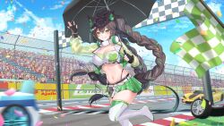 1girl absurdres animal_ears arm_up bandeau belt black_gloves black_hair boots braid breasts car cat_ears checkered_flag checkered_hair_ornament choker cleavage commentary commission confetti crop_top cropped_jacket crowd day english_commentary fingerless_gloves finish_line flag gloves green_eyes green_jacket green_skirt grin hair_ornament hairclip headphones headphones_around_neck high_heel_boots high_heels highleg highres holding holding_flag holding_umbrella indie_virtual_youtuber jacket kitsunya_(vtuber) konyanart large_breasts leg_up long_hair long_sleeves looking_at_viewer midriff miniskirt motion_blur motor_vehicle navel outdoors panty_straps pleated_skirt race_queen race_vehicle racecar second-party_source see-through_clothes see-through_sleeves skirt smile solo stomach strapless thigh_boots thighhighs tube_top twin_braids twintails umbrella very_long_hair virtual_youtuber white_bandeau white_boots white_choker white_thighhighs wide_shot zettai_ryouiki