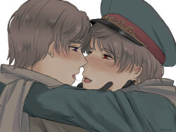 2boys after_kiss artist_name axis_powers_hetalia black_gloves blush coat commentary_request dual_persona gloves green_hat green_jacket grey_coat grey_hair grey_scarf hand_on_another&#039;s_face hat hug jacket long_sleeves looking_at_another male_focus military_hat military_jacket military_uniform multiple_boys oinu66 open_mouth purple_eyes red_eyes russia_(hetalia) saliva saliva_trail scarf selfcest short_hair simple_background smile tongue tongue_out white_background yaoi