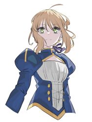 1girl ahoge artoria_pendragon_(fate) blonde_hair blue_dress blue_ribbon breasts cleavage_cutout closed_mouth clothing_cutout commentary_request cropped_torso dress fate/stay_night fate_(series) frown green_eyes hair_between_eyes hair_ribbon highres juliet_sleeves long_sleeves puffy_sleeves ribbon saber_(fate) small_breasts solo suzuakks upper_body white_background