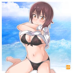 Rule 34 | 1girl, artist logo, barefoot, bikini, black bikini, blue sky, breasts, brown hair, cleavage, clothes lift, cloud, commentary request, front-tie bikini top, front-tie top, girls und panzer, happy birthday, highres, large breasts, logo, nishizumi maho, shirt, shirt lift, sitting, sky, smile, solo, swimsuit, takecho, undressing, wariza, white shirt