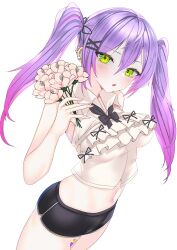Rule 34 | 1girl, bare shoulders, blush, breasts, collared shirt, ear piercing, flower, frilled shirt, frills, green eyes, hair between eyes, hair ornament, highres, holding, holding flower, hololive, leg tattoo, long hair, looking at viewer, medium breasts, navel, piercing, pink hair, purple hair, sakuraame (uen), shirt, short shorts, shorts, sleeveless, sleeveless shirt, solo, tattoo, tokoyami towa, twintails, virtual youtuber, white shirt, x hair ornament