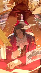 2boys absurdres ace_attorney ascot black_vest broken_glass brown_hair brown_shorts butterfly_sitting buttons character_request closed_mouth flower glass glasses grey_eyes highres holding holding_flower holding_removed_eyewear jacket looking_down miles_edgeworth multiple_boys omurice_(304975636) pants red_jacket red_pants shirt shorts sitting unworn_eyewear vest white_ascot white_shirt