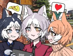 +_+ 3girls alternate_costume animal_ears black_hair blue_eyes blush casual cellphone collared_shirt contemporary day dog_(mixed_breed)_(kemono_friends) dog_(shiba_inu)_(kemono_friends) dog_ears drooling excited fang food grey_hair grin heart heterochromia highres holding holding_phone kemono_friends kemono_friends_3 km9kcaxsbjnmmyw long_sleeves looking_at_another medium_hair mouth_drool multicolored_hair multiple_girls open_mouth orange_hair outdoors phone photo_background pizza pizza_slice pointing pointing_at_object raised_inner_eyebrows red_shirt shirt siberian_husky_(kemono_friends) smartphone smile spoken_food spoken_heart sweater turtleneck turtleneck_sweater two-tone_hair upper_body white_hair wing_collar yellow_eyes