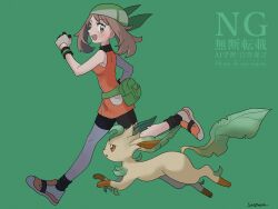 1girl absurdres bandana bike_shorts bike_shorts_under_shorts black_shorts blue_eyes blush breasts brown_hair fanny_pack gen_4_pokemon gloves green_bandana highres leafeon may_(pokemon) nintendo open_mouth orange_shirt pokemon pokemon_(creature) pokemon_emerald pokemon_rse sandora_(karugamo_no_e) shirt short_hair shorts sleeveless smile white_gloves