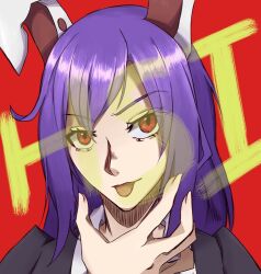 1girl animal_ears black_jacket blazer character_name closed_mouth commentary_request cookie_(touhou) hisui_(cookie) jacket long_hair looking_at_viewer nanariku purple_hair rabbit_ears rabbit_girl red_background red_eyes reisen_udongein_inaba shirt simple_background solo touhou upper_body white_shirt