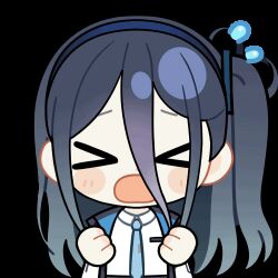 Rule 34 | &gt; &lt;, 1girl, animated, animated gif, aqua necktie, aris (blue archive), black jacket, blue archive, blue hair, blue hairband, blue jacket, blush stickers, chibi, chunye haruya, closed eyes, collared shirt, disembodied hand, dot nose, facing viewer, flying sweatdrops, hair between eyes, hairband, jacket, long bangs, long hair, long hair between eyes, long sleeves, lowres, multicolored jacket, necktie, one side up, open clothes, open jacket, open mouth, school uniform, second-party source, shirt, simple background, solo, sweatdrop, transparent background, upper body, white jacket, white shirt