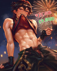 1boy artist_name bludwing blush brown_eyes brown_hair bulge clothes_in_mouth clothes_lift eyebrow_piercing face_piercing fingerless_gloves fireworks gaming_(genshin_impact) genshin_impact gloves hair_between_eyes highres lifting_own_clothes looking_at_viewer male_focus male_pubic_hair medium_hair mole mole_on_neck mole_on_stomach mouth_hold navel navel_hair navel_piercing no_male_underwear penis penis_peek piercing pubic_hair shirt_in_mouth shirt_lift simple_background sky solo stomach sweat teeth_hold toned toned_male twitter_strip_game undressing