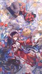 1boy 1girl absurdres black_hair blonde_hair bow bug butterfly dress flower highres holding insect laobaijintian_buhuahua long_hair long_sleeves looking_at_viewer lying on_back original procreate_(medium) red_eyes red_flower rose shirt short_hair shorts string string_of_fate twintails very_long_hair white_flower white_shirt