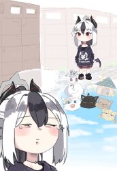Rule 34 | 1girl, ?, animal, arms at sides, bag, black cat, black choker, black hoodie, black horns, black shirt, black shoes, blue archive, blue eyes, can, canned food, cat, checkered clothes, checkered skirt, choker, ciao churu, closed eyes, cloud, collarbone, commentary, day, demon horns, demon wings, dropped object, empty eyes, fang, fence, glasses, grey halo, hair between eyes, halo, highres, hood, hoodie, horns, house, kayoko (blue archive), long sleeves, lonklink, medium hair, mole, mole on collarbone, mole on neck, multicolored hair, open mouth, outdoors, pet food, plastic bag, ponytail, red eyes, red skirt, road, shirt, shoes, single wing, skirt, sky, sneakers, solo, standing, star (symbol), streaked hair, street, tears, thumbs up, v, white cat, white hair, wings, yellow eyes