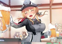 Rule 34 | 4girls, alcohol, beer, beer mug, blonde hair, blush, breasts, closed eyes, covered erect nipples, cup, gin&#039;ichi (akacia), gloves, grey headwear, hair between eyes, hat, holding, holding cup, jun&#039;you (kancolle), kantai collection, large breasts, long hair, long sleeves, low twintails, military uniform, mug, multiple girls, open mouth, peaked cap, pola (kancolle), prinz eugen (kancolle), saratoga (kancolle), smile, twintails, white gloves