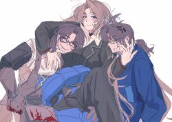 1girl 2boys aedd_(e.g.o) apron arthropod_boy black_coat black_pants black_vest blood blood_on_clothes blue_coat blue_eyes brown_apron brown_gloves brown_hair centipede_boy coat collared_shirt e.g.o_(project_moon) electricity glasses gloves gregor_(project_moon) highres limbus_company long_hair long_sleeves looking_at_another looking_at_viewer multiple_boys ntcke pants parted_bangs project_moon r.b._(identity)_(project_moon) rodion_(project_moon) shirt simple_background upper_body vest white_shirt