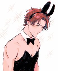 1boy animal_ear_hairband animal_ears bare_shoulders black_bow black_bowtie black_leotard blush bow bowtie breeze_paro closed_mouth commentary curtained_hair detached_collar fake_animal_ears fire_emblem fire_emblem:_three_houses hairband leotard looking_to_the_side male_focus male_playboy_bunny nintendo pectoral_cleavage pectorals rabbit_ear_hairband rabbit_ears red_eyes red_hair short_hair shy sideways_glance solo sparkle sylvain_jose_gautier symbol-only_commentary upper_body white_background