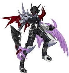 armor cape claws corruption digimon digimon_(creature) helmet one_wing oridigi purple_wings ravmon red_cape red_eyes shoulder_armor solo someguy944 torn_cape torn_clothes wings