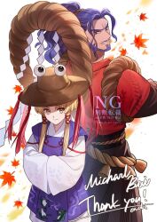 Rule 34 | 2boys, animal print, autumn leaves, back-to-back, beard, blonde hair, brown hat, closed mouth, commentary request, commission, cowboy shot, enoki 3106, facial hair, frog print, genderswap, genderswap (ftm), grin, hair ribbon, hands in opposite sleeves, hat, japanese clothes, kimono, leaf, long hair, long sleeves, looking at viewer, looking back, male focus, maple leaf, moriya suwako, multiple boys, mustache, ponytail, purple hair, purple skirt, purple vest, red eyes, red ribbon, red shirt, ribbon, rope, shimenawa, shirt, skeb commission, skirt, smile, touhou, tress ribbon, v-shaped eyebrows, vest, watermark, white kimono, wide sleeves, yasaka kanako, yellow eyes
