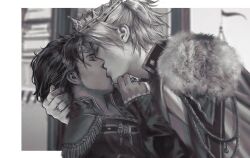 2boys arm_up brilcrist cape claude_von_riegan claude_von_riegan_(timeskip) closed_eyes commentary couple crown dark-skinned_male dark_skin dimitri_alexandre_blaiddyd dimitri_alexandre_blaiddyd_(timeskip) english_commentary epaulettes fire_emblem fire_emblem:_three_houses flag fur_trim greyscale hair_behind_ear hand_on_another&#039;s_chin hand_on_another&#039;s_neck high_collar long_sleeves male_focus monochrome multiple_boys nintendo ponytail popped_collar profile sideburns spire tiara upper_body wavy_hair yaoi
