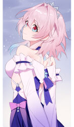 1girl arms_behind_back bare_shoulders blue_dress blue_eyes blue_hair bow breasts clothing_cutout colored_tips commentary dress from_behind highres honkai:_star_rail honkai_(series) long_sleeves march_7th_(honkai:_star_rail) march_7th_(nascent_spring)_(honkai:_star_rail) medium_breasts medium_hair multicolored_dress multicolored_eyes multicolored_hair official_alternate_costume pink_bow pink_eyes pink_pupils solo tiara two-tone_eyes umoumohl upper_body white_dress