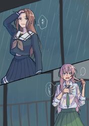 2girls bang_dream! bang_dream!_it&#039;s_mygo!!!!! blue_eyes blue_shirt blue_skirt brown_hair brown_neckerchief chihaya_anon commentary_request fang green_necktie green_skirt grey_eyes hand_on_own_chest haneoka_school_uniform highres holding holding_own_hair long_hair long_sleeves midriff_peek multiple_girls nagasaki_soyo navel neckerchief necktie open_mouth pink_hair pleated_skirt school_uniform shibadooog shirt sidelocks skirt translation_request tsukinomori_school_uniform wet wet_clothes wet_shirt white_shirt