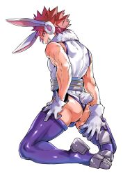 1boy abs animal_ears archived_source ass back boku_no_hero_academia cosplay crescent_print crossdressing full_body fur_collar gloves hand_on_own_thigh highres kirishima_eijiro kneeling leotard looking_at_viewer looking_back male_focus mirko mirko_(cosplay) purple_thighhighs rabbit_ears rabbit_tail red_eyes red_hair sato_unta sharp_teeth short_hair simple_background sleeveless sleeveless_turtleneck sleeveless_turtleneck_leotard smile solo spiked_hair superhero_costume tail taut_leotard teeth thick_thighs thighhighs thighs turtleneck veins veiny_arms white_background white_gloves white_leotard