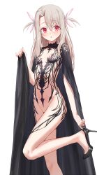1girl :o absurdres adjusting_footwear black_cape breasts cape chronopattern_dress clothing_request commentary_request fate/kaleid_liner_prisma_illya fate_(series) high_heels highres illyasviel_von_einzbern kaze_22 long_hair red_eyes revealing_clothes simple_background small_breasts solo white_background white_hair