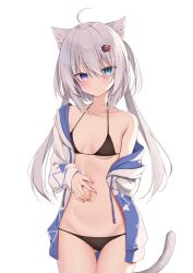 animal_ears bikini cat_ears cat_girl groin heterochromia kamu_(geeenius) navel open_clothes open_shirt swimsuit tail