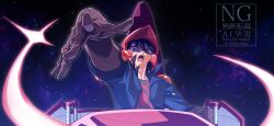 1boy absurdres black_hair black_shirt blue_jacket brown_gloves d-wheel facial_mark fudo_yusei gloves helmet highres jacket looking_at_viewer male_focus midair motor_vehicle motorcycle open_clothes open_jacket purple_eyes red_helmet riding shi_shoku shirt solo space watermark yu-gi-oh! yu-gi-oh!_5d&#039;s