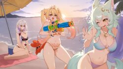 3girls absurdres ahoge alchevic_(vtuber) animal_ears antenna_hair beach bikini black_bikini blonde_hair blue_hair breasts cat_ears cleavage crescent crescent_hair_ornament criss-cross_halter cup drinking_glass ebiko_(vtuber) fang fera_lune gradient_hair grey_hair hair_ornament hairclip halterneck highres indie_virtual_youtuber large_breasts long_hair multicolored_bikini multicolored_hair multiple_girls navel ohwasuy one_eye_closed open_mouth orange_eyes orange_hair outdoors pointy_ears pubic_tattoo red_eyes second-party_source shrimp_hair_ornament shrimp_tail sitting skin_fang striped_bikini striped_clothes sunset swimsuit tail tattoo twintails two-tone_bikini virtual_youtuber water water_gun wine_glass wolf_ears wolf_tail
