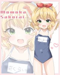 1girl armpits arms_up blonde_hair blue_one-piece_swimsuit blush border character_name collarbone commentary covered_navel fang flat_chest green_eyes hair_ribbon heart highres idolmaster idolmaster_cinderella_girls looking_at_viewer medium_hair name_tag one-piece_swimsuit open_mouth pink_border red_ribbon remiri_nicoeli ribbon sakurai_momoka school_swimsuit sidelocks smile solo swimsuit thighs wavy_hair white_background zoom_layer