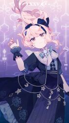 1other akiyama_mizuki aqua_bow aqua_bowtie arm_at_side black_bow black_dress black_wrist_cuffs bow bowtie chinese_commentary closed_mouth commentary_request crescent dress dress_bow floating_hair frilled_sleeves frilled_wrist_cuffs frills gradient_background hair_bow hand_up highres laylayhappy light_smile long_hair looking_at_viewer other_focus pink_background pink_eyes pink_hair project_sekai puffy_short_sleeves puffy_sleeves purple_background short_sleeves simple_background solo star_(symbol) two-tone_background upper_body wrist_cuffs