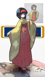 1boy 1girl baseball_cap black_hair breasts brown_eyes brown_hair closed_mouth erika_(pokemon) hairband hakama hakama_skirt hat highres jacket japanese_clothes kimono looking_at_viewer nintendo pokemon pokemon_frlg red_(pokemon) red_hairband red_hakama red_hat shakeeeeeeeee shirt short_hair short_sleeves skirt smile solo yellow_kimono