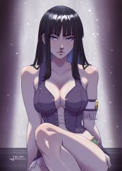 1girl armlet artist_name bare_shoulders black_hair blue_eyes blunt_bangs breasts cleavage closed_mouth collarbone commentary cross-laced_clothes cross-laced_top crossed_legs english_commentary highres jedbanner jewelry large_breasts light_blush long_hair looking_at_viewer nico_robin nico_robin_(whisky_peak) one_piece signature sitting sleeveless solo