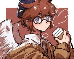 Rule 34 | 1boy, alternate costume, androgynous, angel, angel wings, beret, black hat, blue eyes, brown background, brown hair, brown sweater, casual, coffee, contemporary, cup, disposable coffee cup, disposable cup, expressionless, hat, kid icarus, kid icarus uprising, ko iwari ngo, layered clothes, light blush, long sleeves, male focus, nintendo, pit (kid icarus), round eyewear, short hair, sidelocks, sweater, twitter username, white wings, wings