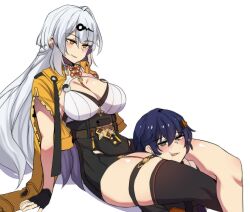 2girls absurdres belle_(zenless_zone_zero) blue_hair breasts commentary english_commentary green_eyes head_between_legs highres hinghoi large_breasts long_hair multiple_girls simple_background sitting smile thick_thighs thigh_strap thighs very_long_hair white_background white_hair yellow_eyes yi_xuan_(zenless_zone_zero) zenless_zone_zero