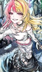 after_rain alternate_costume alternate_hairstyle belt black_choker blonde_hair breasts chain chain_necklace choker colored_eyelashes crop_top different_reflection eyelashes fingernails foreshortening from_above grin half-closed_eyes hand_on_own_chest highres hisato_00 holding holding_umbrella jewelry kotoka_torahime lightning_bolt_symbol long_fingernails long_hair looking_at_viewer medium_breasts midriff multicolored_hair navel necklace nijisanji nijisanji_en open_mouth pants pink_belt pink_eyes pink_hair pink_streaks puddle reflection reflective_water ripples shirt smile solo_focus split-color_hair standing streaked_hair teeth torn_clothes torn_pants two-tone_hair umbrella virtual_graduation_commemoration virtual_youtuber water white_pants white_shirt