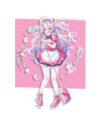 1girl apron artist_name blush bow bowtie broom cleavage_cutout clothing_cutout cup cupcake dress food grey_hair hair_between_eyes hair_ornament heart henya_the_genius highres holding holding_broom inline_skates long_hair macaron maid_headdress milkshake name_tag open_mouth pantyhose pink_bow pink_bowtie pink_dress roller_skates skates solo srinitybeast sweat teacup vshojo waist_apron white_apron white_pantyhose yellow_eyes