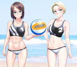 2girls abs absurdres ball beach beach_volleyball bikini black_hair blonde_hair blue_eyes blue_sky breasts commentary_request day glasses hand_on_own_hip highres holding holding_ball horizon large_breasts mismatched_bikini multicolored_hair multiple_girls ocean original outdoors sky sports_bikini streaked_hair swimsuit takafumi variant_set volleyball_(object)