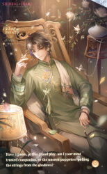 1boy animal_print artist_request bead_necklace beads brown_hair bug butterfly butterfly_earrings butterfly_on_hand butterfly_print chair changpao chinese_clothes collared_shirt commentary copyright_name cowboy_shot crossed_legs dress_pants earrings english_commentary english_text floral_print fringe_trim green_shirt grey_pants grey_scarf happy high_collar highres holding holding_jewelry holding_necklace indoors insect jewelry lamp layered_sleeves leaf light_frown light_particles lips logo long_sleeves looking_at_animal male_focus mandarin_collar messy_hair necklace nikki_(series) official_art on_chair orange_eyes painting_(object) pants parted_bangs parted_lips plant potted_plant prayer_beads rien_(shining_nikki) scarf second-party_source shining_nikki shirt short_hair sitting smile solo sparkle white_butterfly