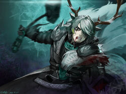 1boy absurdres amputee animal_ears antlers arknights armor black_jacket black_shirt blood blood_from_mouth blood_on_clothes blood_on_face dated deer_antlers deer_boy deer_ears eikthyrnir_(arknights) facial_hair goatee_stubble green_armor grey_armor grey_eyes grey_hair hammer highres holding holding_hammer holding_weapon horns jacket scar scar_across_eye scar_on_face serious shirt short_hair shoulder_armor spikes stubble weapon zizaijiuhu