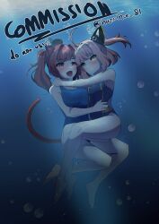 2girls absurdres ahoge air_bubble animal_ears artist_name asymmetrical_docking azur_lane backless_swimsuit black_one-piece_swimsuit blue_one-piece_swimsuit blush breast_press breasts bubble cat_ears cat_girl cat_tail closed_mouth commentary commission competition_swimsuit diamond-shaped_pupils diamond_(shape) english_commentary english_text expressionless fang full_body hair_ornament hand_on_another&#039;s_shoulder hand_on_another&#039;s_waist hazelnut_81 headband highres hug i-19_(azur_lane) large_breasts legs medium_hair multiple_girls no_jacket ocean one-piece_swimsuit open_mouth pink_hair red_eyes red_hair school_swimsuit skin_fang small_breasts smile swimsuit symbol-shaped_pupils tail thighs twintails twitter_username two_side_up u-81_(azur_lane) underwater watermark yellow_eyes