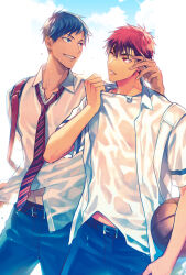 2boys aomine_daiki ball basketball_(object) belt blue_eyes blue_hair cloud collared_shirt cowboy_shot eye_contact grin holding holding_ball kagami_taiga kuroko_no_basuke looking_at_another male_focus multiple_boys necktie one_eye_closed outdoors pants parted_lips red_eyes red_hair shirt short_sleeves single_arm_hug sky smile teeth two-tone_necktie white_shirt yaoi yuuto_(sky_cloister)