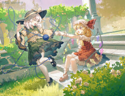 2girls :d :o ^_^ artist_name ascot black_hat black_shoes blonde_hair bow center_frills closed_eyes commentary_request dated day fang flandre_scarlet frilled_shirt_collar frills furahata_gen grass green_skirt hat hat_bow hat_ribbon heart heart_of_string highres holding_hands komeiji_koishi long_hair long_sleeves mary_janes multiple_girls open_mouth outdoors pantyhose puffy_short_sleeves puffy_sleeves red_eyes red_ribbon red_shoes red_skirt red_vest ribbon ribbon-trimmed_sleeves ribbon_trim shirt shoes short_sleeves sitting skin_fang skirt smile socks third_eye touhou vest white_pantyhose white_skirt white_socks wide_sleeves wings wrist_cuffs yellow_ascot yellow_bow yellow_ribbon yellow_shirt
