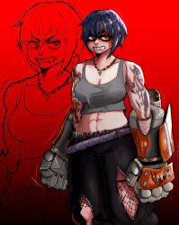 1girl abs angry arm_tattoo baggy_pants barbed_wire breasts collarbone cross face_piercing fishnets grease_(mechanical) grey_shirt grey_tank_top highres jewelry large_breasts lip_piercing mechanical_hands missing_tooth muscular muscular_female navel neck_tattoo necklace nose_piercing open_mouth original pants piercing purple_hair quebin_tijuana red_background red_eyes shirt short_hair shoulder_tattoo solo tank_top tattoo
