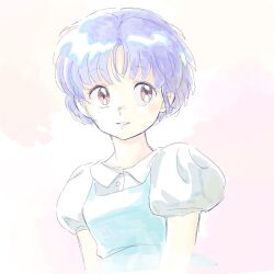 Rule 34 | 1girl, blue dress, blue hair, dress, fuurinkan high school uniform, highres, looking at viewer, pinafore dress, puffy sleeves, ranma 1/2, school uniform, short hair, sleeveless, sleeveless dress, solo, tendou akane, tokito rk