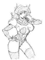 Rule 34 | 1girl, bodysuit, breasts, cropped legs, earrings, g gundam, gloves, greyscale, gundam, hair between eyes, hairband, jewelry, kubo tite (style), large breasts, looking at viewer, mecha pilot suit, mobile trace suit, monochrome, rain mikamura, rakusakugk, short hair, simple background, skin tight, smile, solo, white background