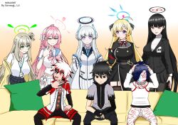 Rule 34 | 3boys, 5girls, absurdres, akari (blue archive), blue archive, halo, hanako (blue archive), highres, jinkai, meme, multiple boys, multiple girls, ninja saga, noa (blue archive), non-web source, nonomi (blue archive), oc x canon, original, piper perri surrounded (meme), rio (blue archive), simple background, smile, takano hikaru, tanaka shinji, watermark